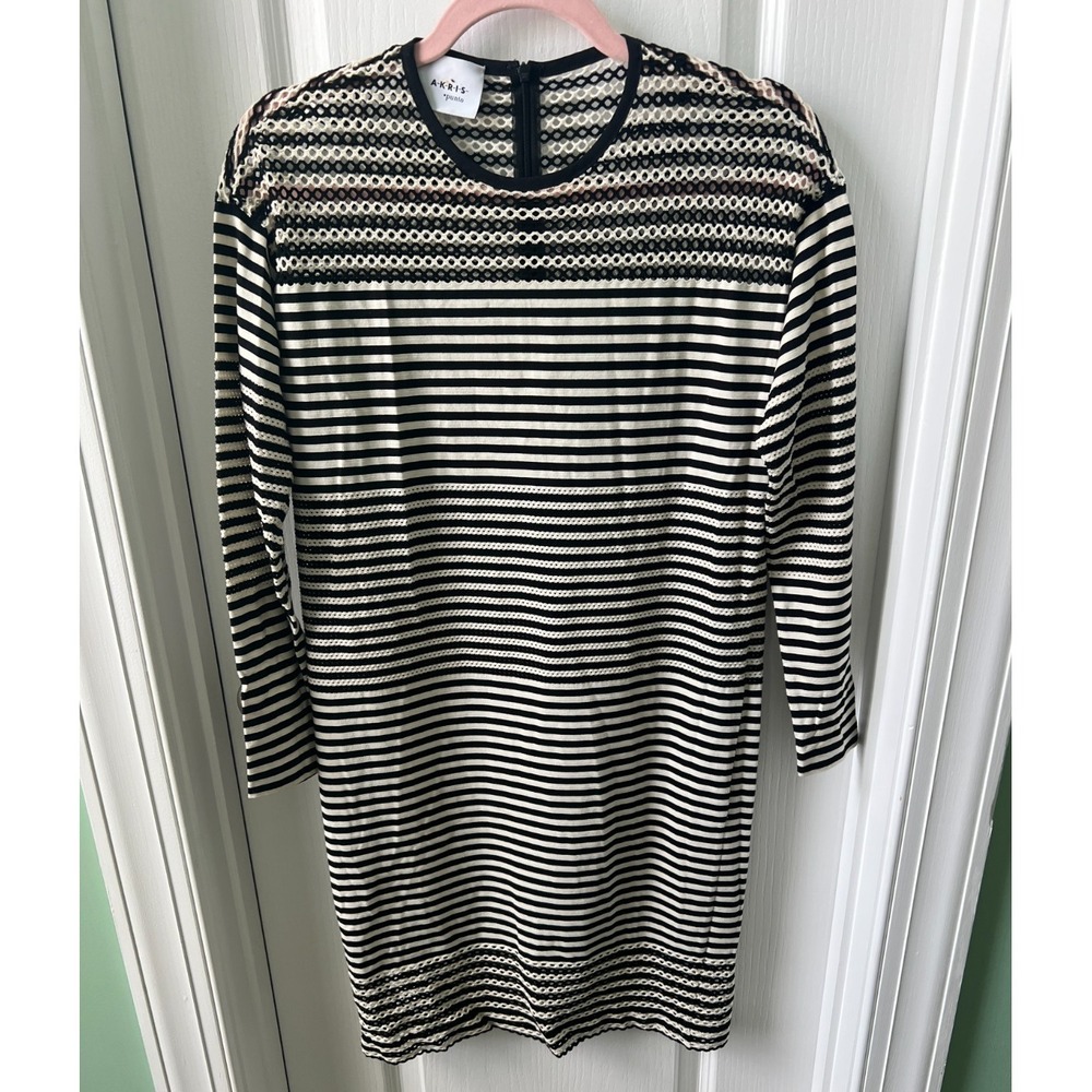 AKRIS PUNTO Black‎ Off White Striped Stretch Semi Sheer Dress Size US 2